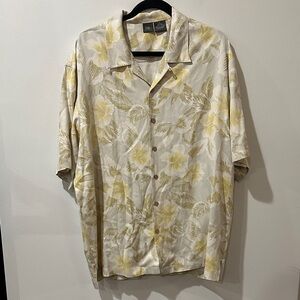 Men's Beige Floral Casual Button Down Shirt- 100% Silk, Tropical, Vacation